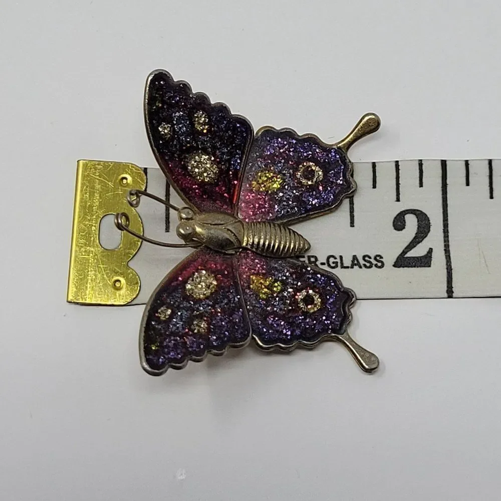 Vintage Gold Tone Purple Sparkle Confetti Enamel Butterfly Brooch‎ Pin Pendant